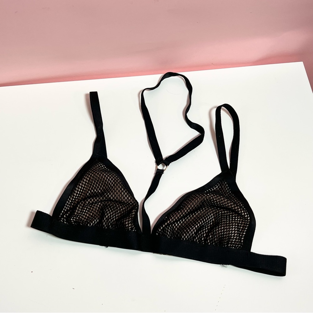 Asos swim sexy black harness fishnet collar bikini top